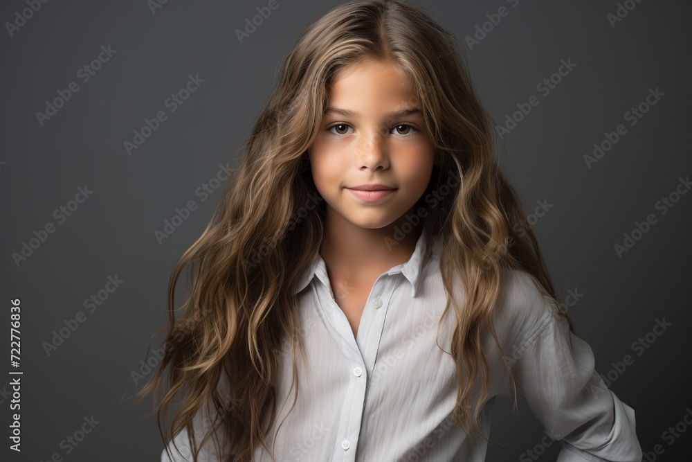Portrait of a beautiful young girl with long curly hair in a white shirt. Portrait of a beautiful young girl with long curly hair in a white shirt.