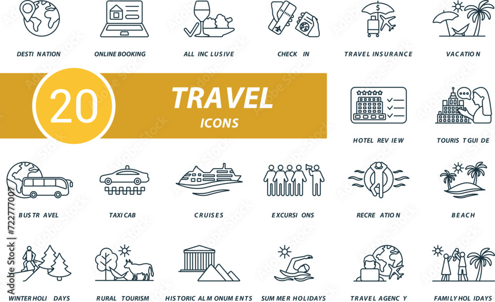 Travel outline icons set. Creative icons: destination, online booking, all inclusive, check in, travel insurance, vacation, hotel review, tourist guide and more Travel outline icons set. Creative icons: destination, online booking, all inclusive, check in, travel insurance, vacation, hotel review, tourist guide and more