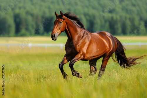 The bay horse gallops on the grass © Areesha