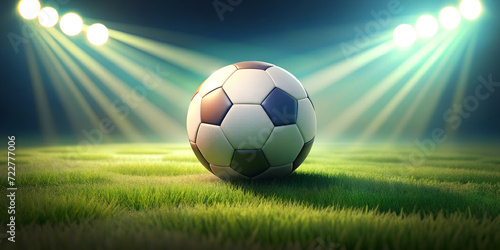 Close-up of a Football (Soccer) with spotlights illuminated on the green turf in the football field in the concept of the final match. Victory, success, Sports, Goals, Healthcare, 3d rendering