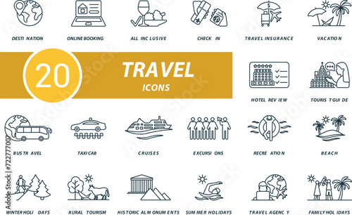 Travel outline icons set. Creative icons: destination, online booking, all inclusive, check in, travel insurance, vacation, hotel review, tourist guide and more