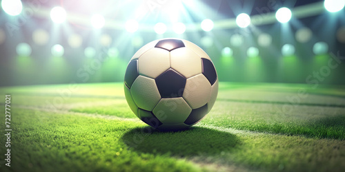 Close-up of a Football (Soccer) with spotlights illuminated on the green turf in a football field in the concept of a youth sports football championship. Victory, success, Sports, Goals, 3d rendering © guguart