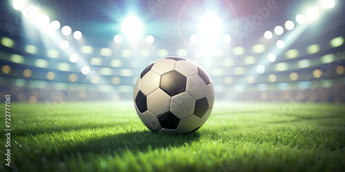 Close-up of a Football (Soccer) with spotlights illuminated on the green turf in the background of a stadium at night in the qualifying match concept. Victory, success, Sports, Goals, 3d rendering © guguart