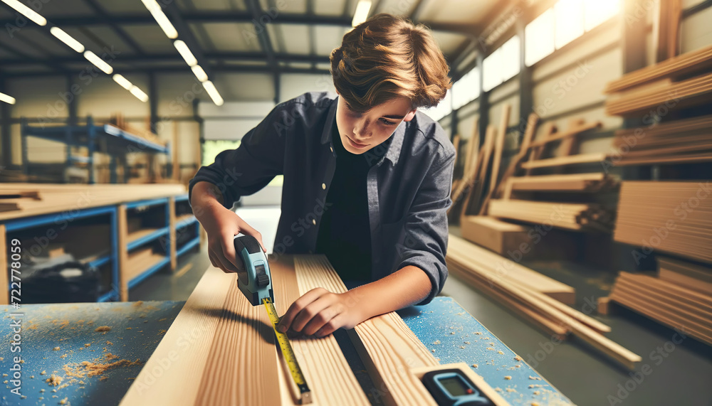  A teenage boy apprentice working in a carpenter's workshop. As an apprentice, you will receive job training and learn basic carpentry and technical skills, and building code requirements - obrazy, fototapety, plakaty 