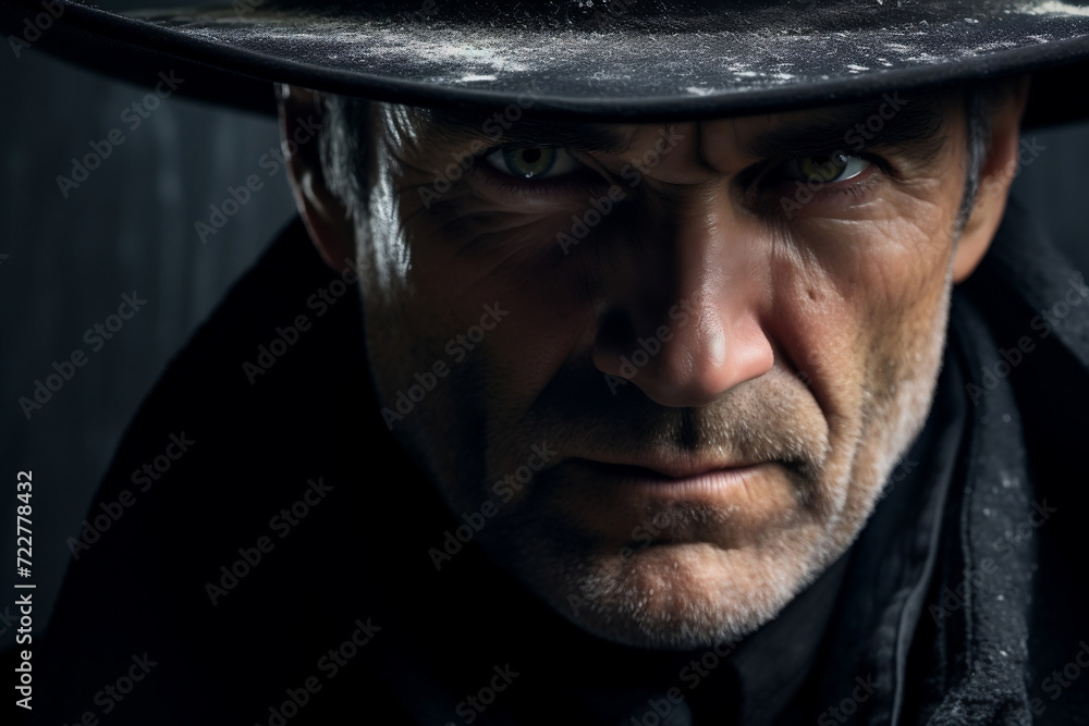 close-up of the face of a man in a black suit and a black hat at night on the street in a criminal style. A movie hero, a detective, or a spy. close-up of the face of a man in a black suit and a black hat at night on the street in a criminal style. A movie hero, a detective, or a spy.