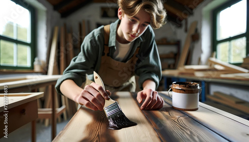 A teenage boy apprentice wood varnishing furniture in a workshop, vocational training.