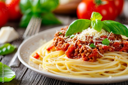 Serve the spaghetti Bolognese with fresh Parmesan and green basil leaf