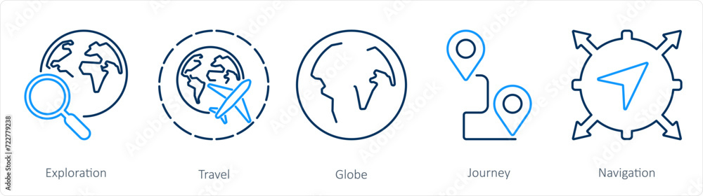 A set of 5 Adventure icons as exploration, travel, globe A set of 5 Adventure icons as exploration, travel, globe