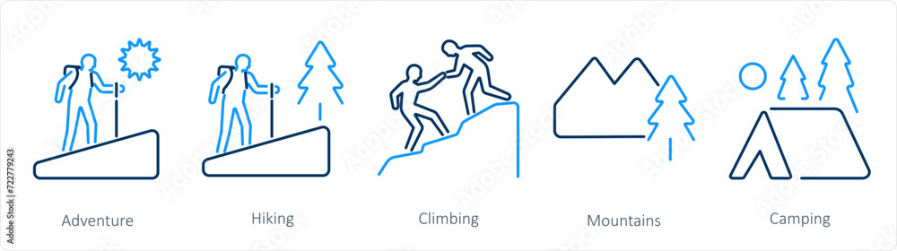 A set of 5 Adventure icons as adventure, hiking, climbing A set of 5 Adventure icons as adventure, hiking, climbing