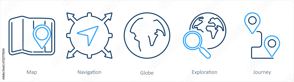 A set of 5 Adventure icons as map, navigation, globe