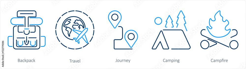 A set of 5 Adventure icons as backpack, travel, journey A set of 5 Adventure icons as backpack, travel, journey