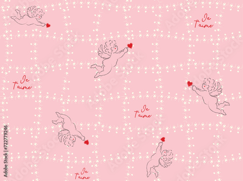 Valentine Cupid Hand Draw Line illustration Vector Seamless Pattern On Pink background Wallpaper,14 feb Love Day, Cute graphic 