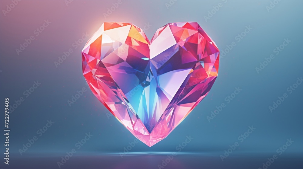 A digital illustration of a vibrant pink crystal heart with facets shining against a blue gradient background.
