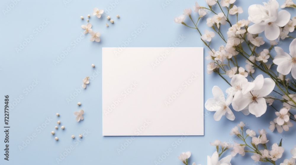 A blank white card surrounded by delicate white flowers on a serene blue background, inviting a personalized message. A blank white card surrounded by delicate white flowers on a serene blue background, inviting a personalized message.