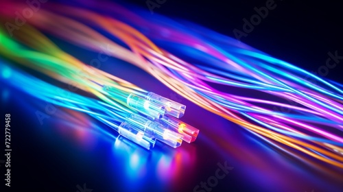 A close-up of brightly lit fiber optic cables representing high-speed data transfer and connectivity.