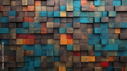a stunning image that presents aged wood art architecture textures and abstract block stacks on a wall, with each block showcasing a different color. This composition provides a colorful wood texture.