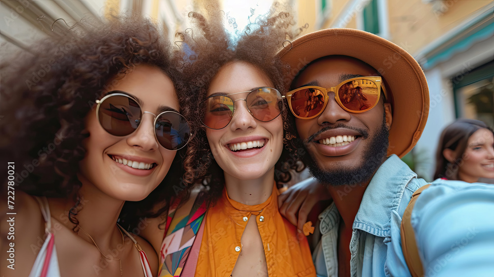 Three joyful friends with curly hair and sunglasses take a selfie on a sunny street. Three joyful friends with curly hair and sunglasses take a selfie on a sunny street.