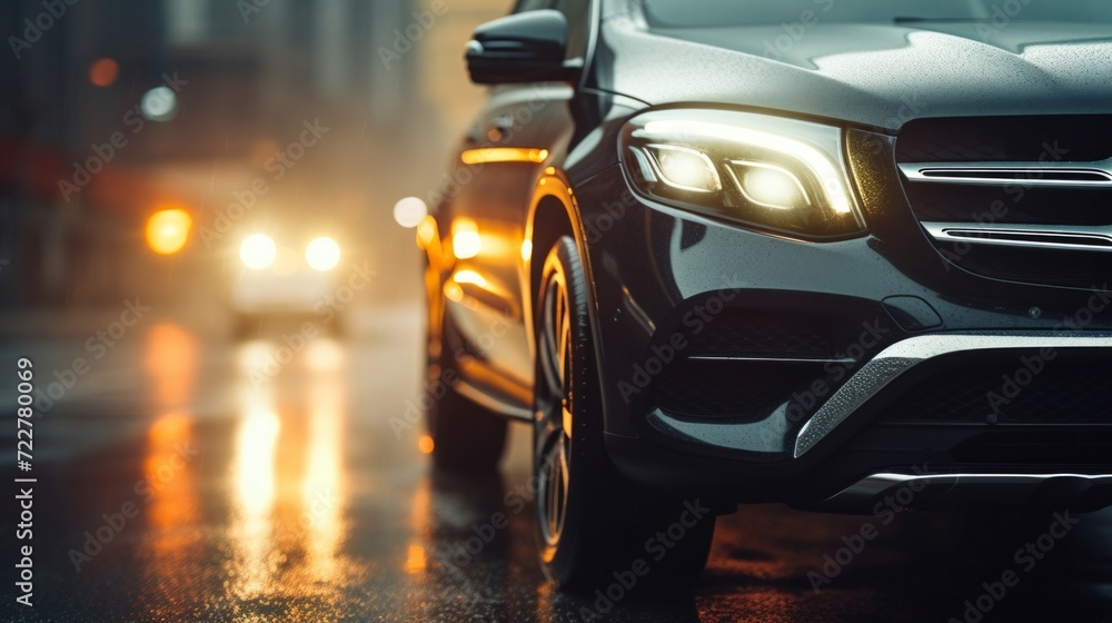 Modern luxury car headlights shining bright on a wet urban street at night.