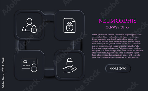 Online security set line icon. Castle, server, information, cloud, date, anti virus, hacking. Neomorphism style. Vector line icon for business and advertising