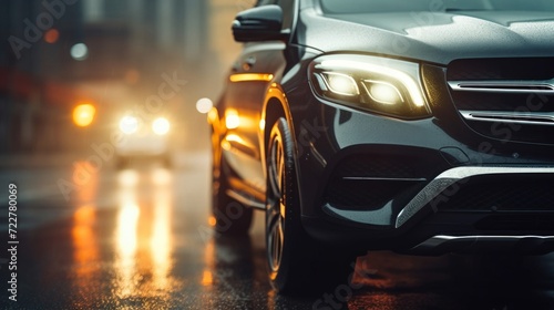 Modern luxury car headlights shining bright on a wet urban street at night.