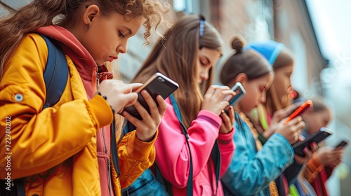 Group of diverse children engrossed in smartphones on a city street.