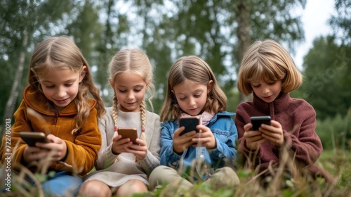 Four young girls sitting on grass, engrossed in smartphones in a forest setting.