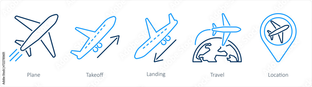 A set of 5 Airport icons as plane, take off, landing A set of 5 Airport icons as plane, take off, landing