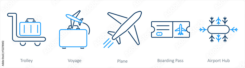 A set of 5 Airport icons as trolley, voyage, plane A set of 5 Airport icons as trolley, voyage, plane