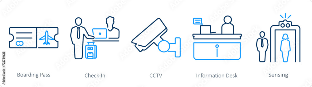 A set of 5 Airport icons as boarding pass, check in, cctv A set of 5 Airport icons as boarding pass, check in, cctv