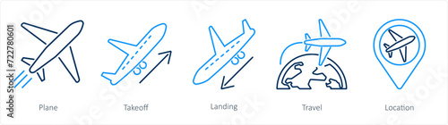 A set of 5 Airport icons as plane, take off, landing