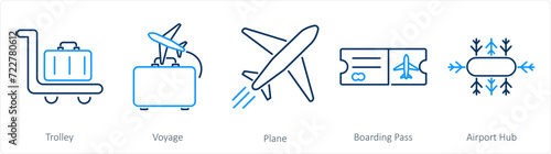 A set of 5 Airport icons as trolley, voyage, plane