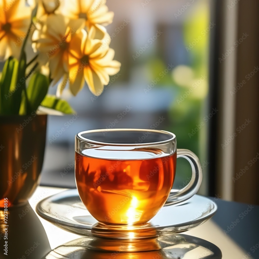 tea in a transparent glass cup on the table in the kitchen. next to it is a bouquet of flowers in a vase. tea in a transparent glass cup on the table in the kitchen. next to it is a bouquet of flowers in a vase.