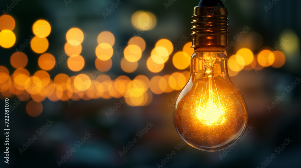Innovative Light Bulb Glowing with bokeh blur dark background.