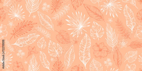 2024 peach palm leaf color pattern. Seamless fuzz color tropical background. Peach abstract 2024 year colour pattern. Sketch spring summer palette drawing. Abstract fuzz seamless fashion design vector