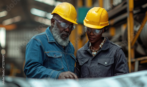 Two people black man African American worker looking at the project plan