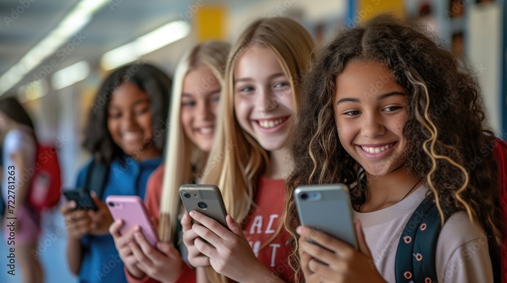 Teen girls with smartphones smiling in school corridor.