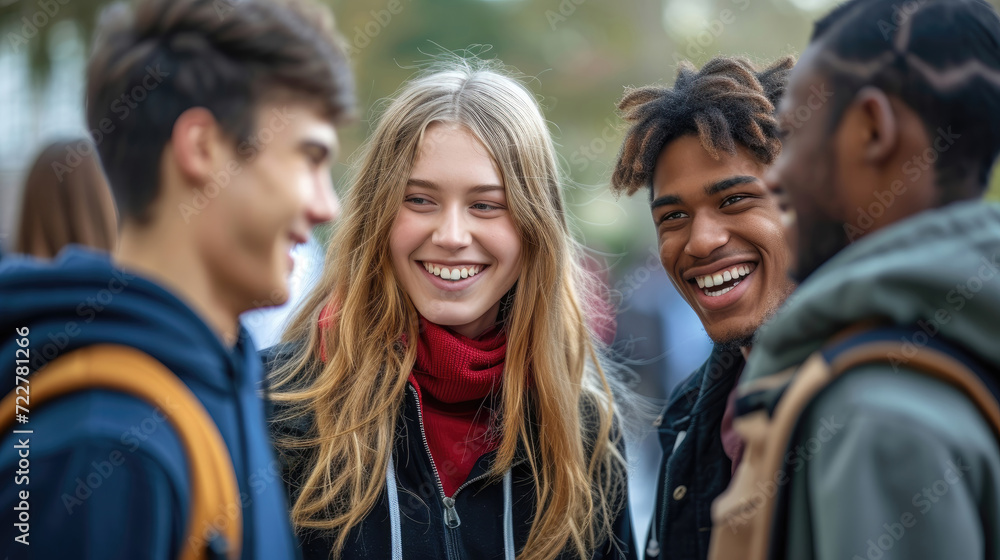 Group of teenagers smiling and chatting in urban setting. Group of teenagers smiling and chatting in urban setting.