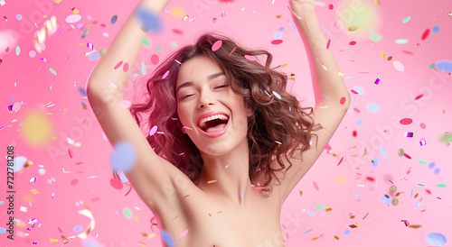 Woman celebrating on a pink background