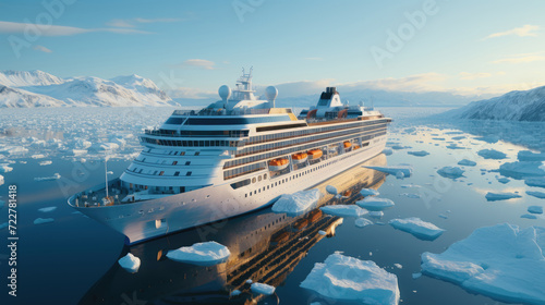 A modern, white cruise ship sails the Arctic Ocean, among ice floes and asbergs. Travel and vacation. En route. photo