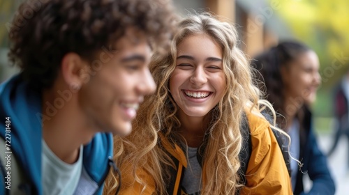 Smiling blonde teenager with friends in schoolyard. 