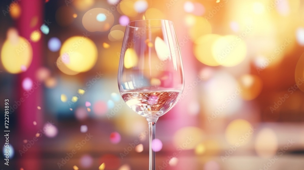 Close-up of a sparkling white wine glass with vibrant bokeh lighting.