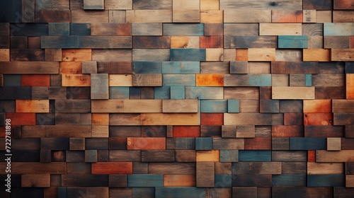 a stunning image that presents aged wood art architecture textures and abstract block stacks on a wall  with each block showcasing a different color. This composition provides a colorful wood texture.