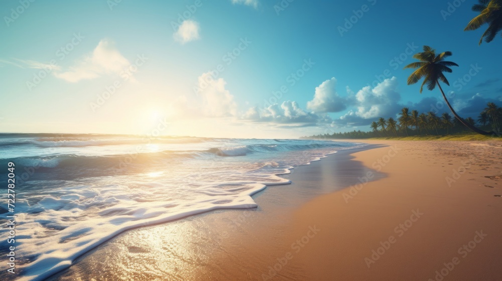 Golden sunset over a serene tropical beach with palm trees and a calm ocean, evoking peace and relaxation.