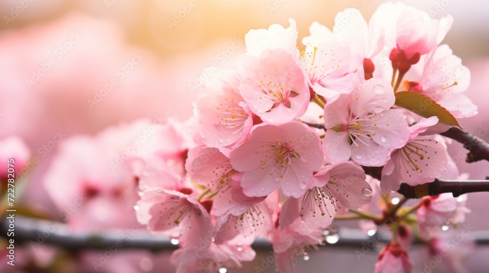 Delicate cherry blossoms with fresh water droplets, capturing the essence of spring in vibrant pink hues. Delicate cherry blossoms with fresh water droplets, capturing the essence of spring in vibrant pink hues.