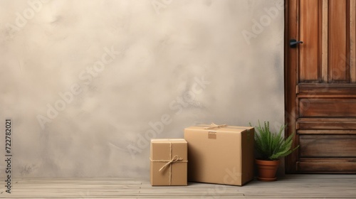 Cardboard boxes ready for moving day beside a potted plant by a wooden door, symbolizing a new beginning.
