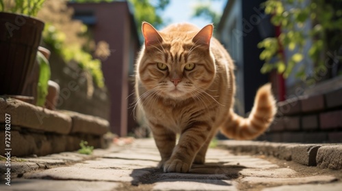 Fototapeta Naklejka Na Ścianę i Meble -  Frontal shot of a ginger cat walking down the street