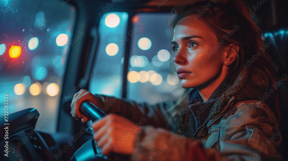 Portrait of exhaust, tired, young female truck driver sitting in her cabin and driving through city and entering to a busy highway Portrait of exhaust, tired, young female truck driver sitting in her cabin and driving through city and entering to a busy highway