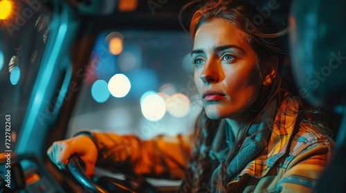 Portrait of exhaust, tired, young female truck driver sitting in her cabin and driving through city and entering to a busy highway photo