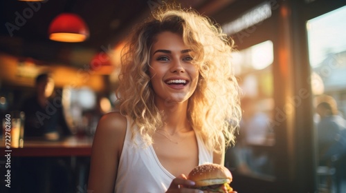 Beautiful curly-haired blonde woman enjoying a juicy burger in a sunlit modern cafe setting.