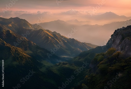 AI generated illustration of an aerial view of lush mountains and hills filling a picturesque valley